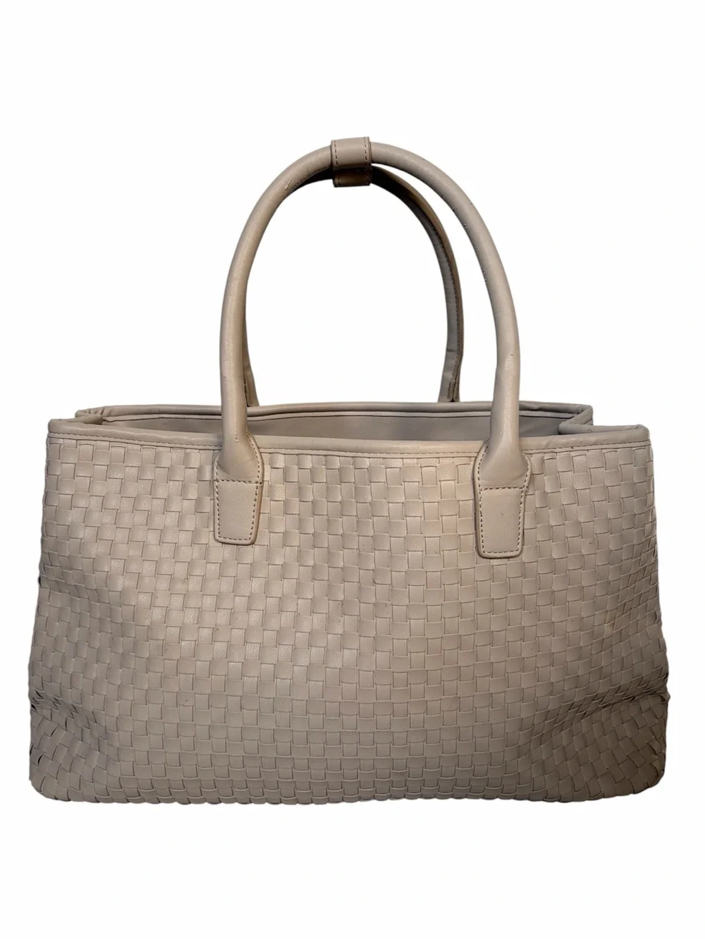 Lulu Dharma Cream Vegan Faux Leather Woven Texture Large Tote Shoulder Bag